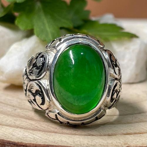 خاتم فضة رجالي بحجر جاد بورمي طبيعي