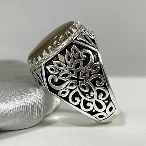 خاتم فضة رجالي بحجر عقيق مشجر يماني طبيعي