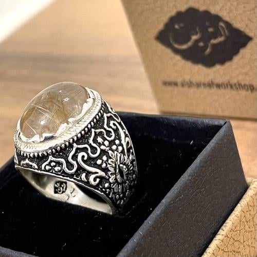 خاتم فضة رجالي بحجر در مسماري طبيعي