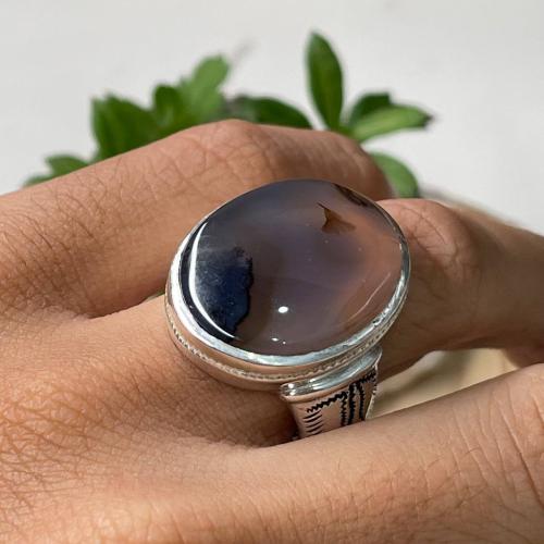 خاتم فضة رجالي بحجر عقيق مشجر يماني طبيعي