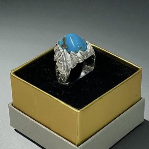 خاتم فضة رجالي بحجر فيروز نيشابوري طبيعي