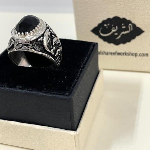 خاتم فضة رجالي بحجر جزع اسود يماني طبيعي