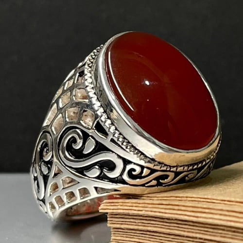 خاتم فضة رجالي بحجر عقيق كبدي يماني طبيعي