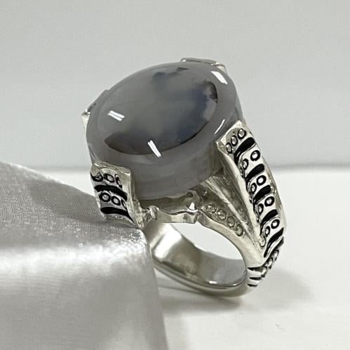 خاتم فضة رجالي بحجر عقيق مشجر يماني طبيعي