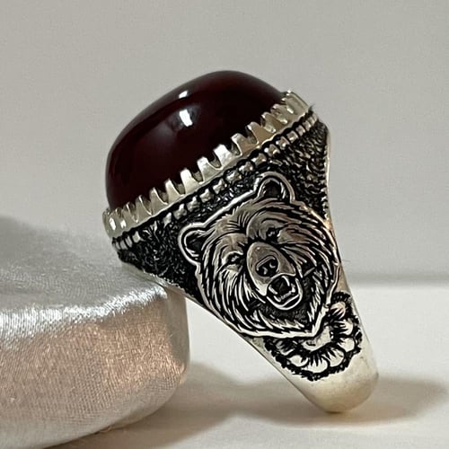 خاتم فضة رجالي بحجر عقيق كرزي يماني طبيعي