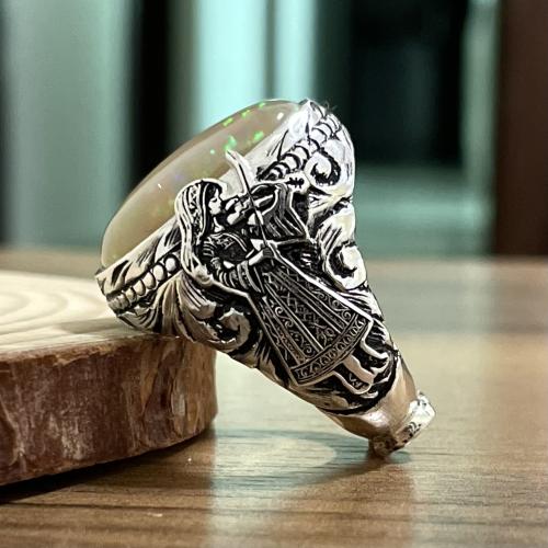 خاتم فضة رجالي بحجر بحجر اوبال اثيوبي طبيعي