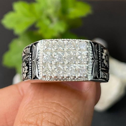 خاتم فضة رجالي مرصع الماس طبيعي