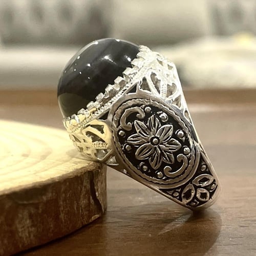 خاتم فضة رجالي بحجر عقيق سليماني طبيعي