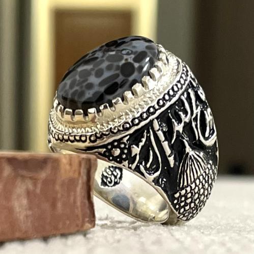 خاتم فضة رجالي بحجر عقيق جلد الحية