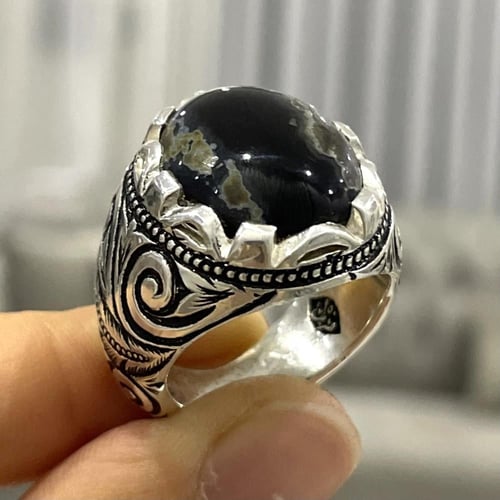 خاتم فضة رجالي بحجر عقيق يماني خرائطي اسود طبيعي