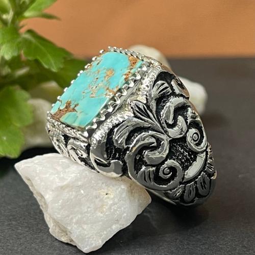 خاتم فضة رجالي بحجر فيروز نيشابوري طبيعي