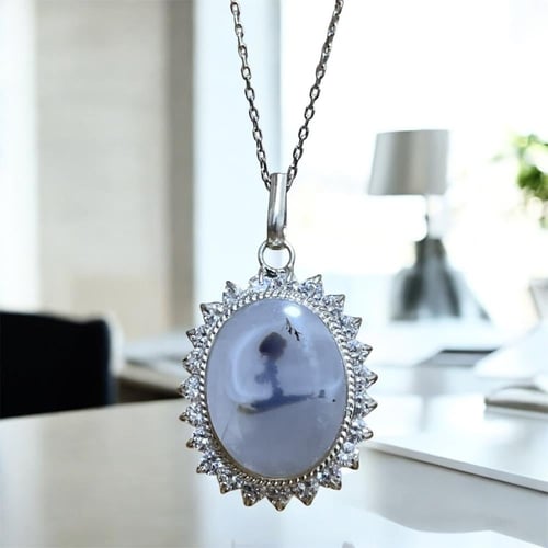 قلادة فضة نسائية بحجر عقيق مشجر يماني طبيعي