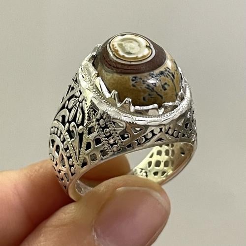 خاتم فضة رجالي بحجر عقيق داوودي يماني طبيعي