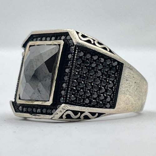 خاتم رجالي فضة حجر زركون اسود