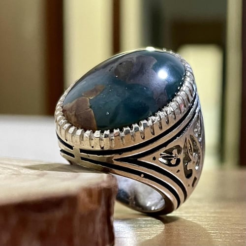 خاتم فضة رجالي بحجر عقيق دم يماني طبيعي
