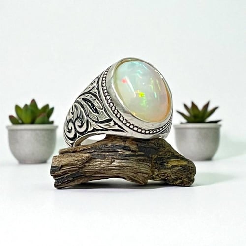 خاتم فضة رجالي بحجر اوبال اثيوبي طبيعي
