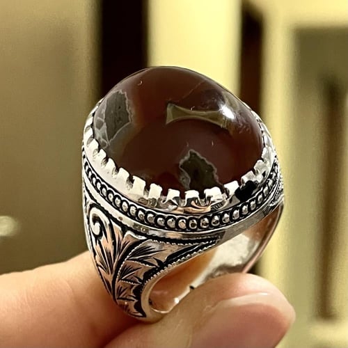 خاتم فضة رجالي بحجر عقيق خرائطي يماني طبيعي
