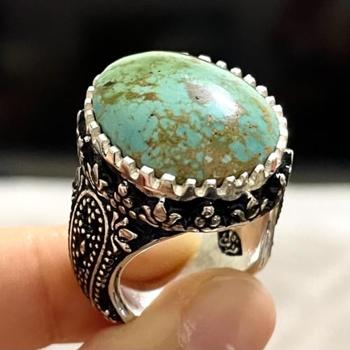 خاتم فضة رجالي بحجر فيروز نيشابوري حسيني طبيعي