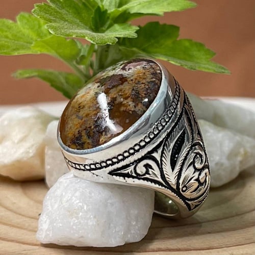 خاتم فضة رجالي بحجر عقيق طحلبي يماني طبيعي