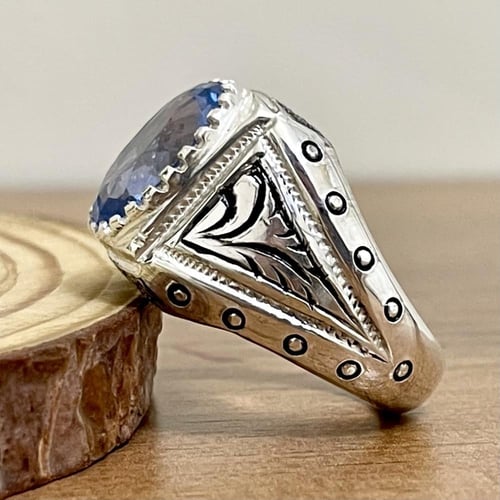 خاتم فضة رجالي بحجر توباز برازيلي لون سويسري