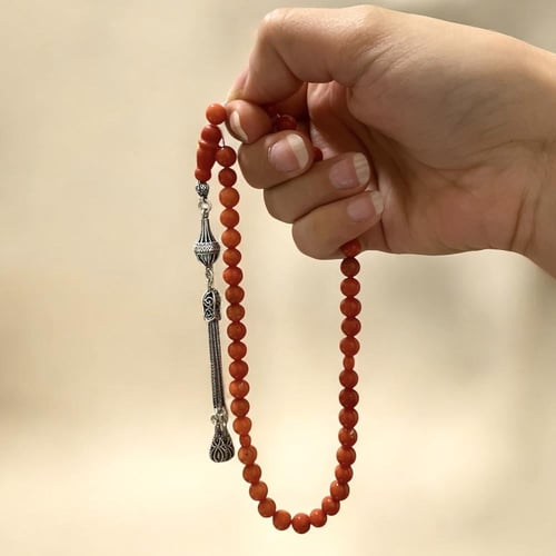 سبحة مرجان طبيعي 45 تسبيحة كتلة فضة