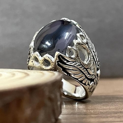 خاتم فضة رجالي بحجر عقيق مصور يماني طبيعي