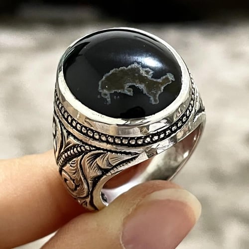 خاتم فضة رجالي بحجر عقيق خرائطي يماني طبيعي