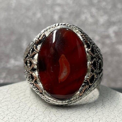 خاتم فضة رجالي بحجر عقيق كرزي يماني طبيعي