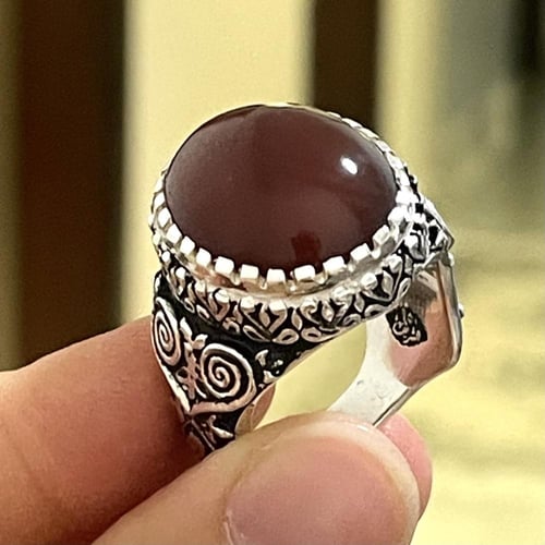 خاتم فضة رجالي بحجر عقيق كبدي يماني طبيعي