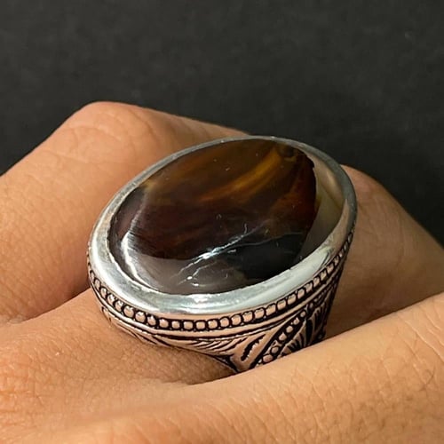 خاتم فضة رجالي بحجر عقيق مصور يماني طبيعي