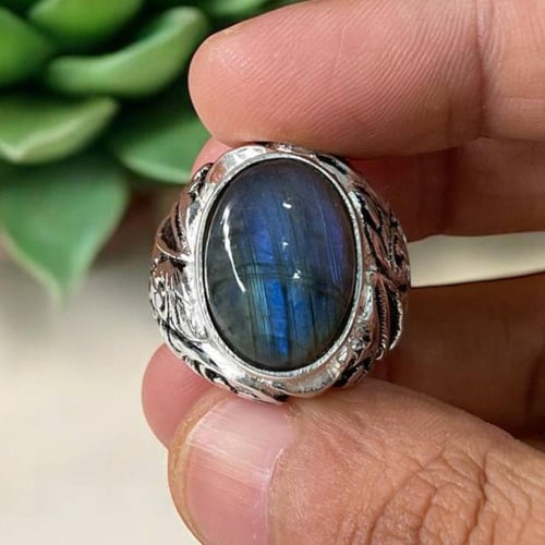 خاتم فضة رجالي بحجر طاووس طبيعي