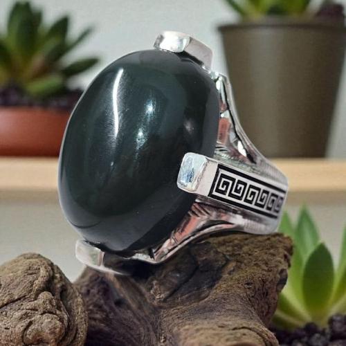 خاتم فضة رجالي بحجر يشم يماني طبيعي