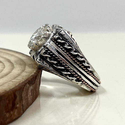 خاتم فضة رجالي مشغول مع نحاس احمر بحجر الموزنايت ب...