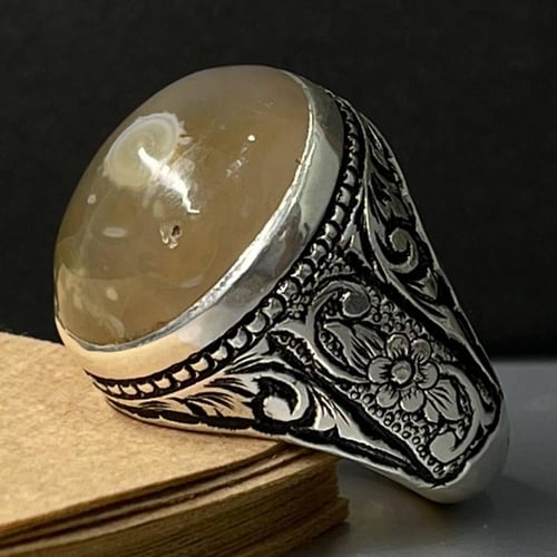 خاتم فضة رجالي بحجر عقيق سليماني طبيعي