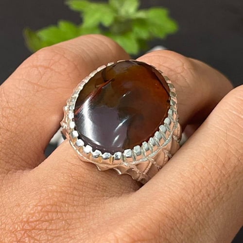 خاتم فضة رجالي بحجر عقيق مصور يماني طبيعي