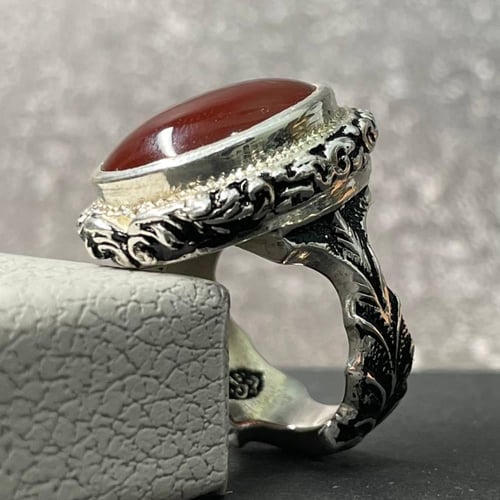 خاتم فضة رجالي بحجر عقيق كبدي يماني طبيعي