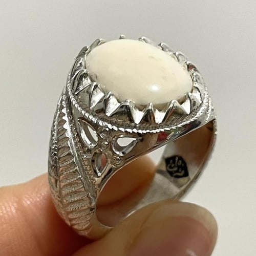 خاتم فضة رجالي بحجر عاج الفيل الطبيعي