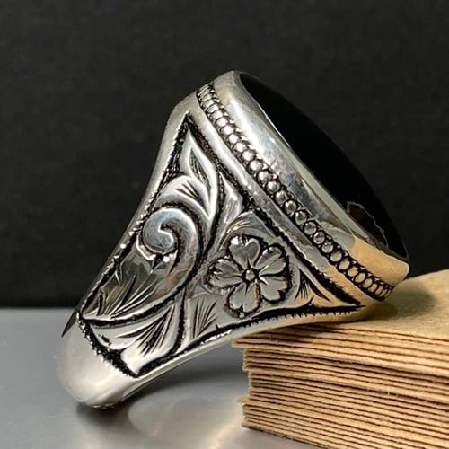 خاتم فضة رجالي بحجر عقيق خرائطي يماني طبيعي