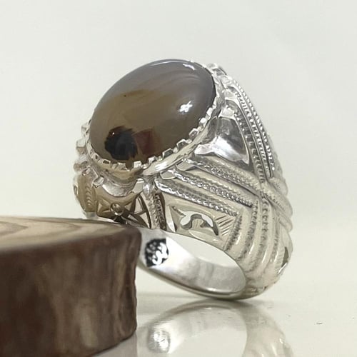 خاتم فضة رجالي بحجر عقيق يماني مصور طبيعي