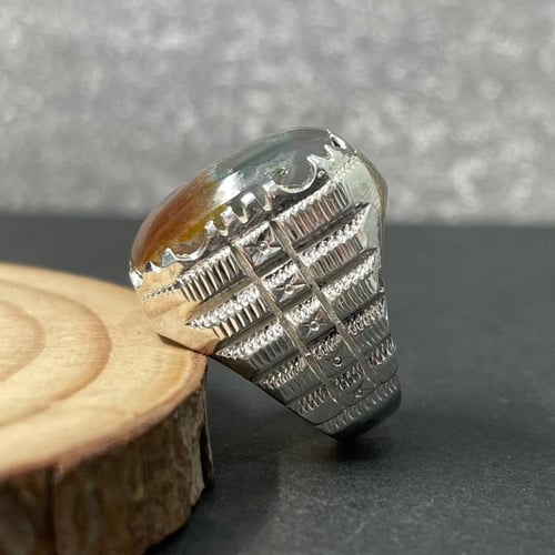 خاتم فضة رجالي بحجر عقيق ورد الربيع طبيعي