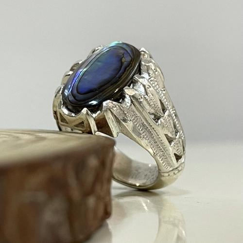 خاتم فضة رجالي بحجر صدف بحري طبيعي