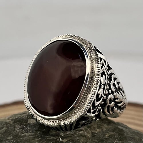 خاتم فضة رجالي بحجر عقيق كرزي انسي يماني طبيعي