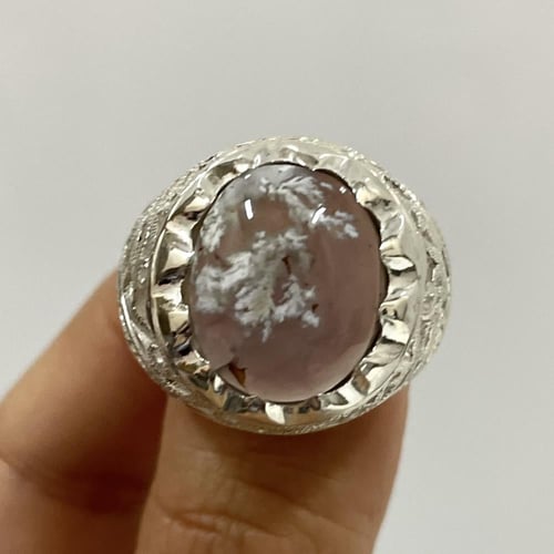خاتم فضة رجالي بحجر عقيق ورد الربيع الطبيعي