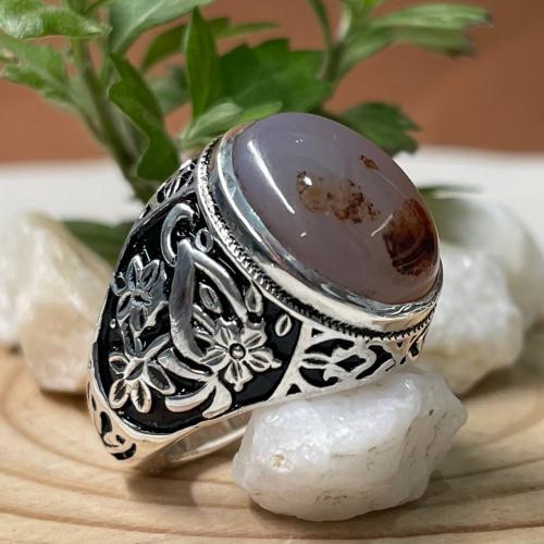 خاتم فضة رجالي بحجر عقيق مصور يماني طبيعي