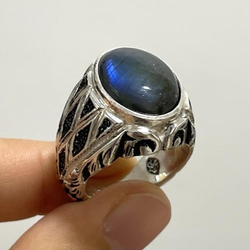 خاتم فضة رجالي بحجر طاووس طبيعي