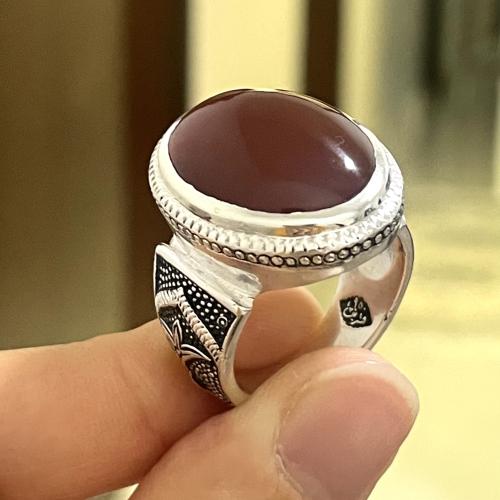 خاتم فضة رجالي بحجر عقيق كبدي يماني طبيعي