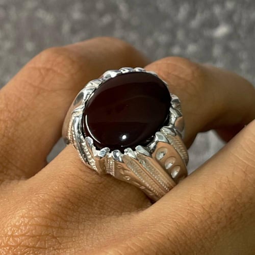 خاتم فضة رجالي بحجر عقيق كرزي يماني طبيعي