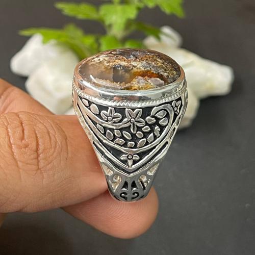 خاتم فضة رجالي بحجر عقيق طحلبي يماني طبيعي