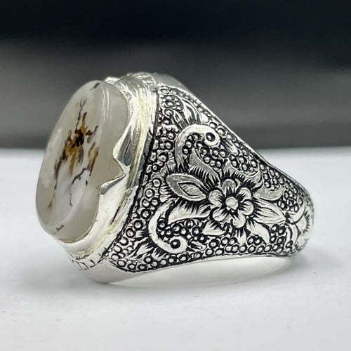 خاتم فضة رجالي بحجر عقيق يماني مشجر