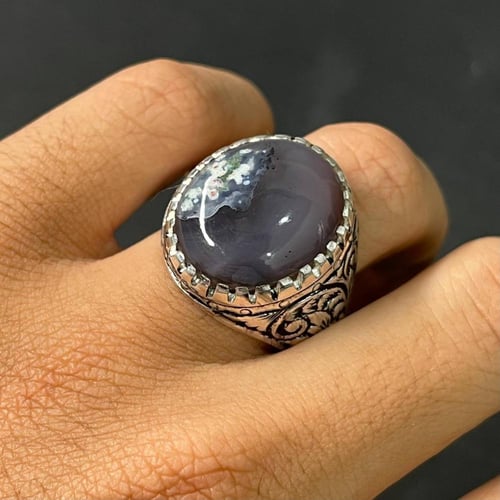 خاتم فضة رجالي بحجر عقيق ورد الربيع طبيعي